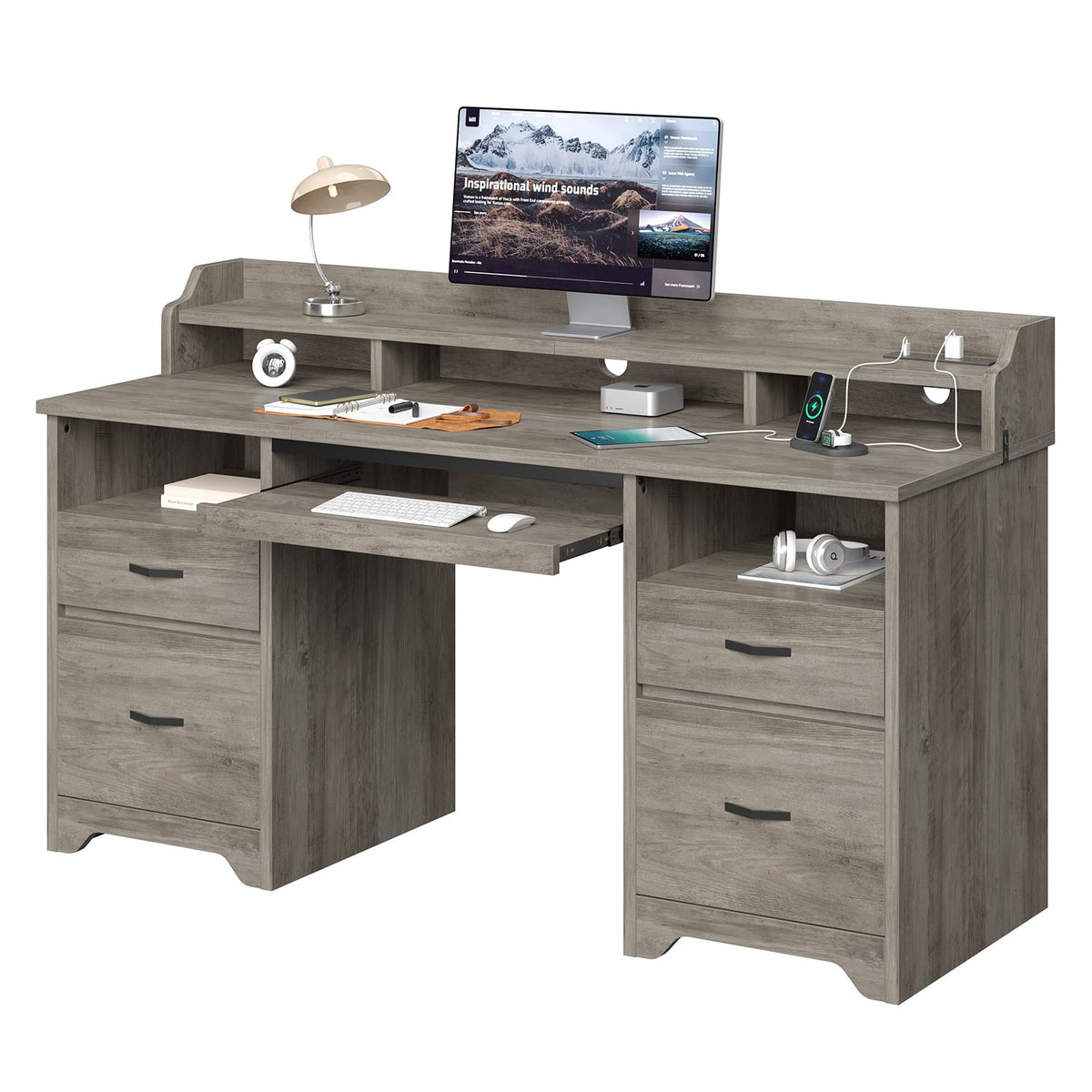 Bestier Farmhouse 59" Executive Desk with Drawers, Wood Computer Desk with Charging Station, Home Office Desk with Keyboard Tray & Monitor Stand, Sturdy Pedestal Desk for Work Study, Grey