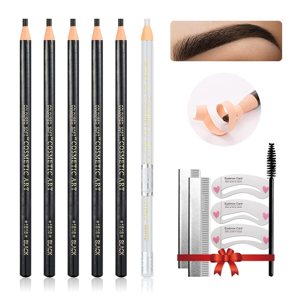 Waterproof Eye-Brows Pen-cil Set, Pull Cord Peel-off Eyebrow Pencil Microblading Eyebrow Pen Supplies Kit, White Eye-Liner Pencil and Eyebrows Tool Tattoo Makeup For Marking (5+1 Black)