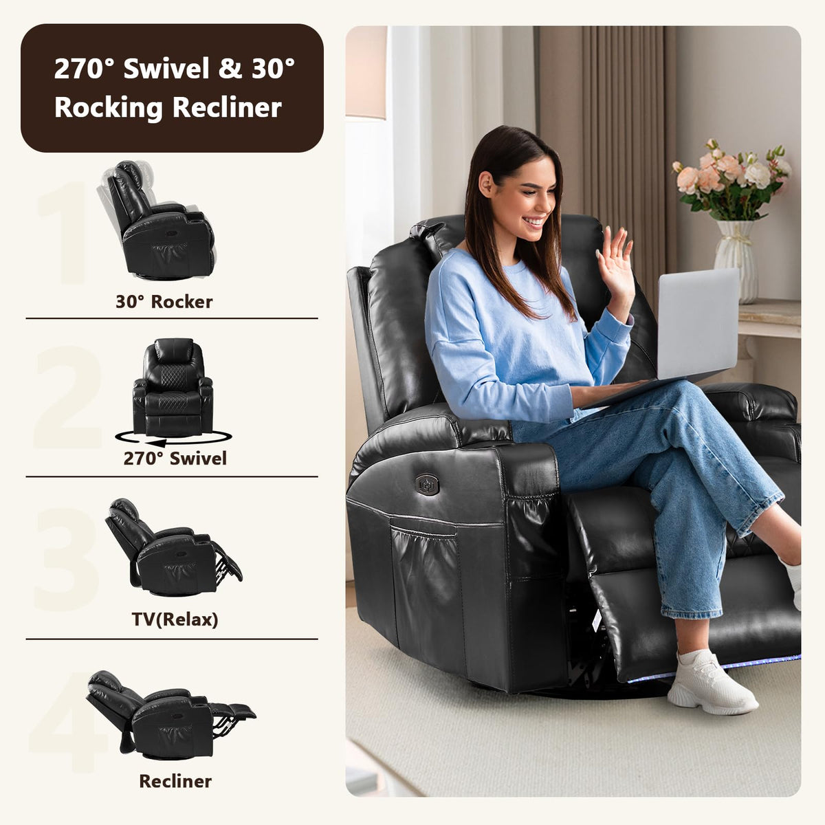 AHMED Power Swivel Rocker Recliner Chair with Massage and Heat, Faux Leather Home Theater Seating with LED Ambient Lighting, Glider Reclining Sofa with Cup Holders for Living Room,Black