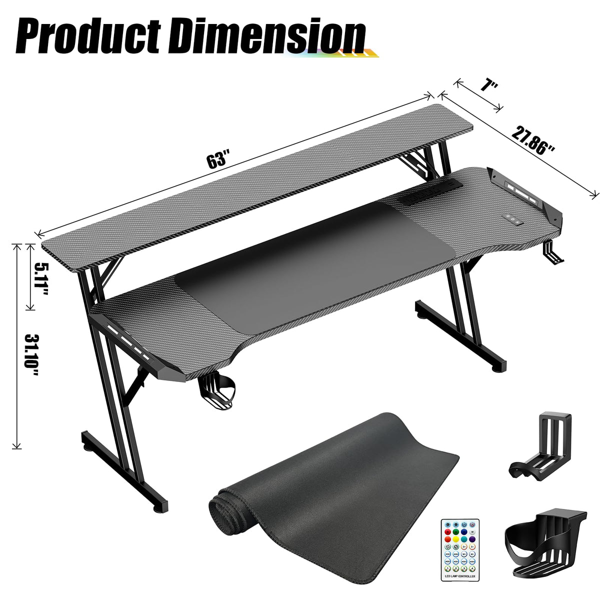 VidaTeco 63 Inch Smart Gaming Desk, Gamer Computer Desk with Phone-Controlled LED Lights & Mouse Pad, Power Outlet, Monitor Stand, Side Hook, Ergonomic Work Desks for Home Office, Carbon Fiber Black