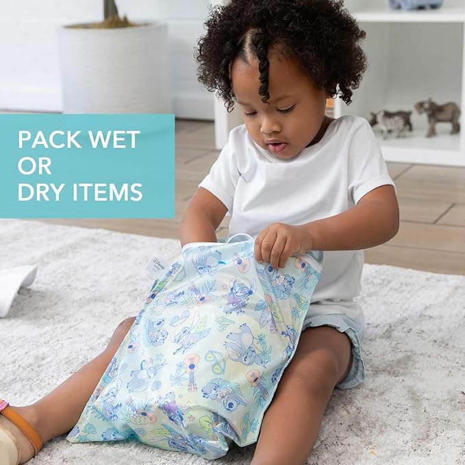 Bumkins Disney Waterproof Wet Bag for Baby, Travel, Swim Suit, Cloth Diapers, Pump Parts, Pool, Beach, Gym Clothes, Toiletry, Hook to Stroller, Daycare, Zipper Reusable Wetdry Packing Pouch, Stitch