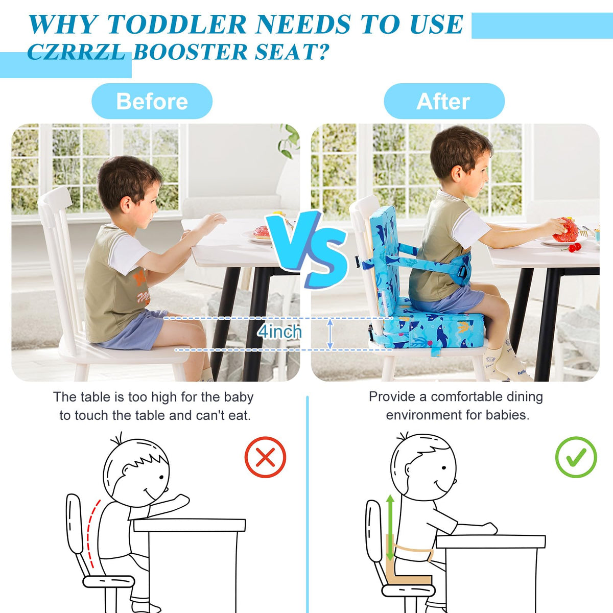 Toddler Booster Seat for Dining Table, Dinosaur Booster Seat for Table with Backrest and Adjustable Seat Belts Non-Slip Bottom Portable Booster Seat Increasing Cushion for Kid Baby Eating Travel Home