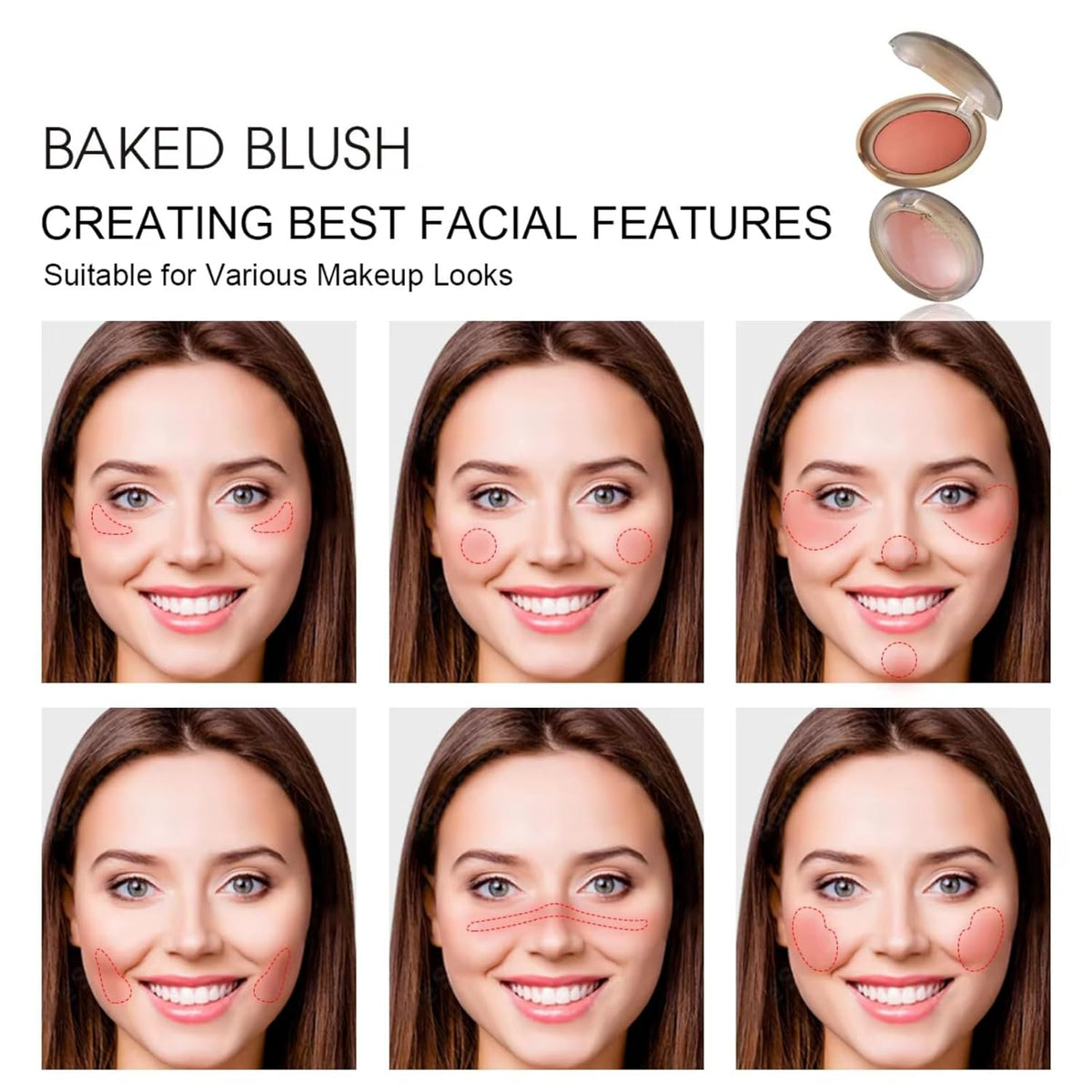 Baked Blush, Marbleized Blush for Cheeks, Shimmery Satin Finish Blushes Powder Palette, Buildable Color Natural Face Makeup Powder