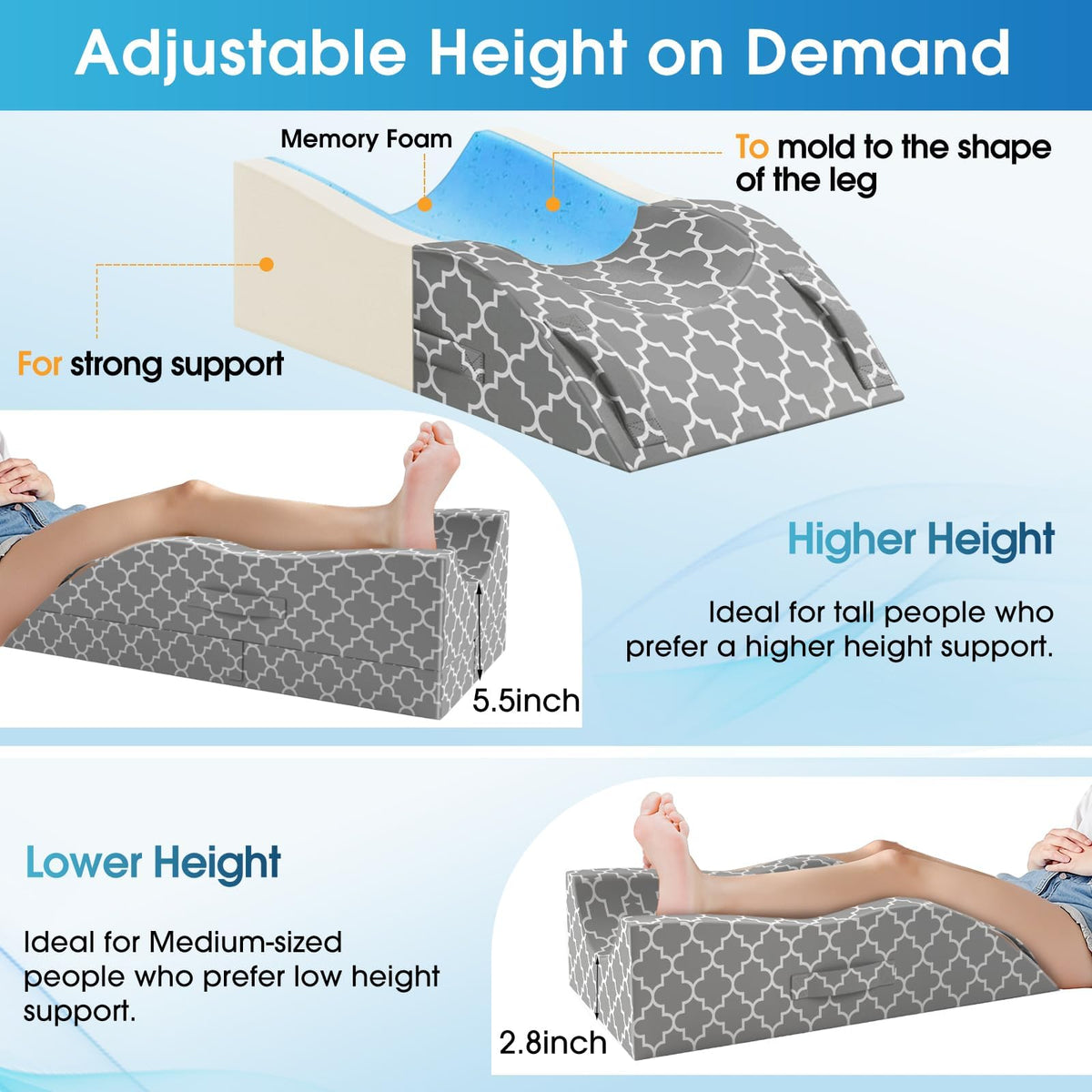 CloudBliss Leg Pillow, Leg Elevation Pillow for After Surgery, Adjustable Cooling Memory Foam with Summer Ice Sick Cover, Wedge Pillow for Blood Circulation, Knee Pillows for Back Knee Grey
