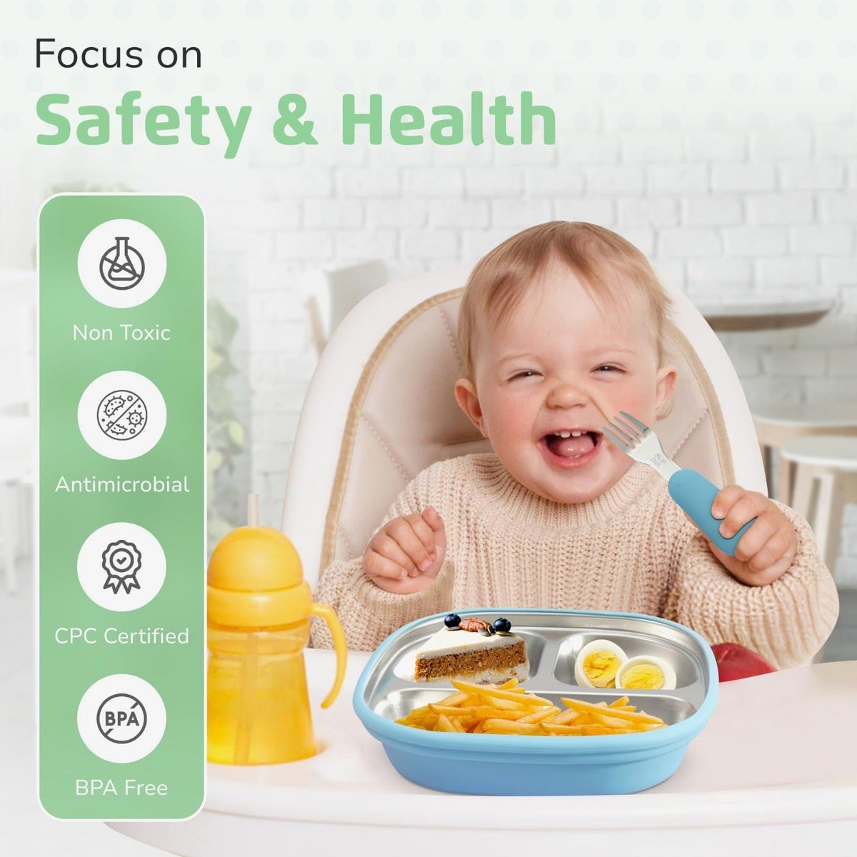 LYA Stainless Steel Suction Plates for Baby - Food Grade Stainless Steel Baby Feeding Set with Removable Silicone Wrap - 2x Children’s Non-Toxic Plates with 2x Baby Spoons and 2x Forks - Blue/Mint
