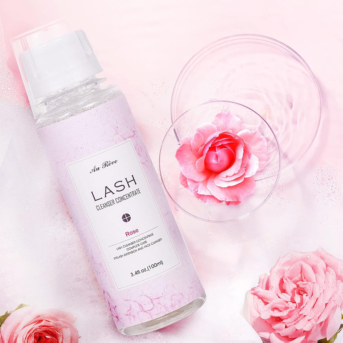 Eyelash Cleanser Concentrate 100ml Lash Extension Shampoo Oil-Free Eyelash Extension Shampoo with Salon Home Care -Makes 20 Bottles 60ml Lash Shampoo, Rose