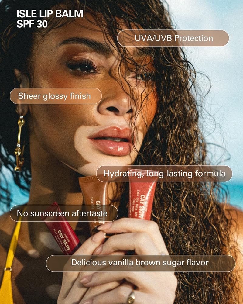 Cay Skin Isle Lip Balm SPF 30 – High Shine, Hydrating + Sheer Lip Gloss in Vanilla Brown Sugar Flavor – Formulated with Natural Ingredients for All Skin Tones – Coral, 0.35 oz