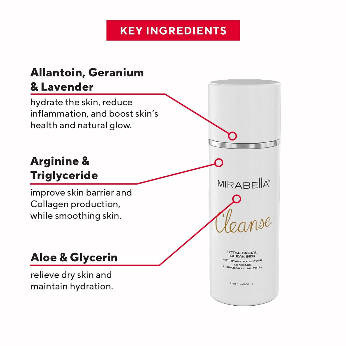 Mirabella Cleanse Total Facial Cleanser - Hydrating Gentle Cream Cleanser for All Skin Types - Face Cleanser & Makeup Remover - Face wash for Sensitive Skin & Oily Skin Formula