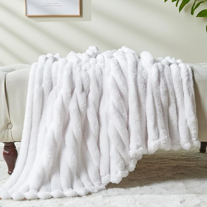 NEWCOSPLAY Super Soft Queen Blanket White Premium Silky Flannel Fleece 3D Ribbed Jacquard Lightweight Bed Blanket All Season Use (White Ribbed, Queen(90"x90"))