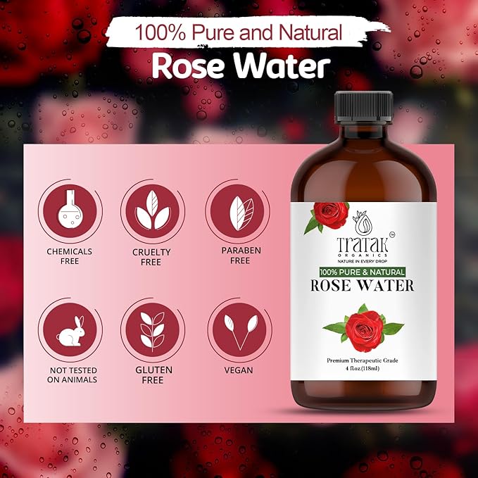 Rose Water 4 fl oz (118 ml) Organic Refreshing Rose Water Spray for Face & Skin Hydration, Pure Rosewater for Hair & Makeup Setting Spray, Reduce Eye Puffiness, Dark Circles & Redness, Huge 4 oz