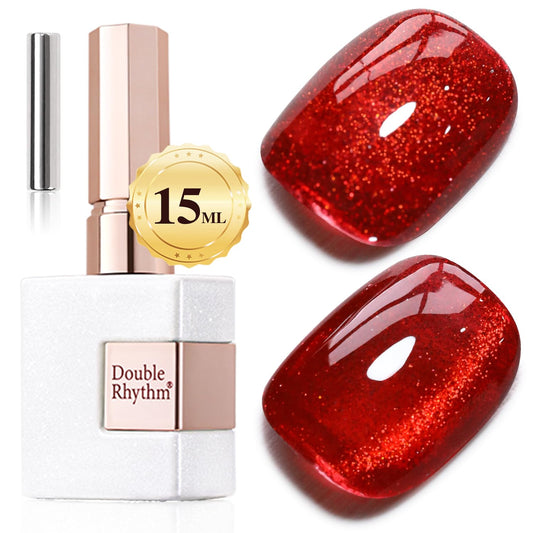 Double Rhythm Jelly Glass Cat Eye Gel Polish with Magnet 15ML Holographic Glitter Shimmer Translucent Sheer Color Magnetic Nail Polish Salon DIY at Home (Blood Red-MC1107)
