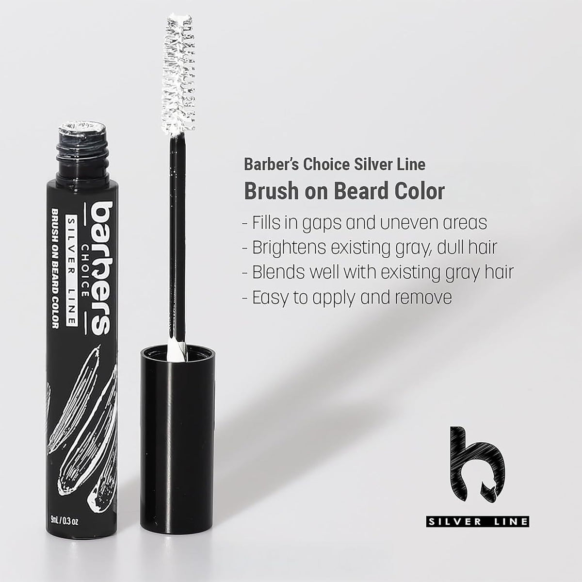Barbers Choice Silver Line, Facial Hair Brush on Temporary Color for Silver Fox Men- Instantly Brighten White Beards, Mustache & Sideburns, Less Yellow, Easy Application, Steel Gray