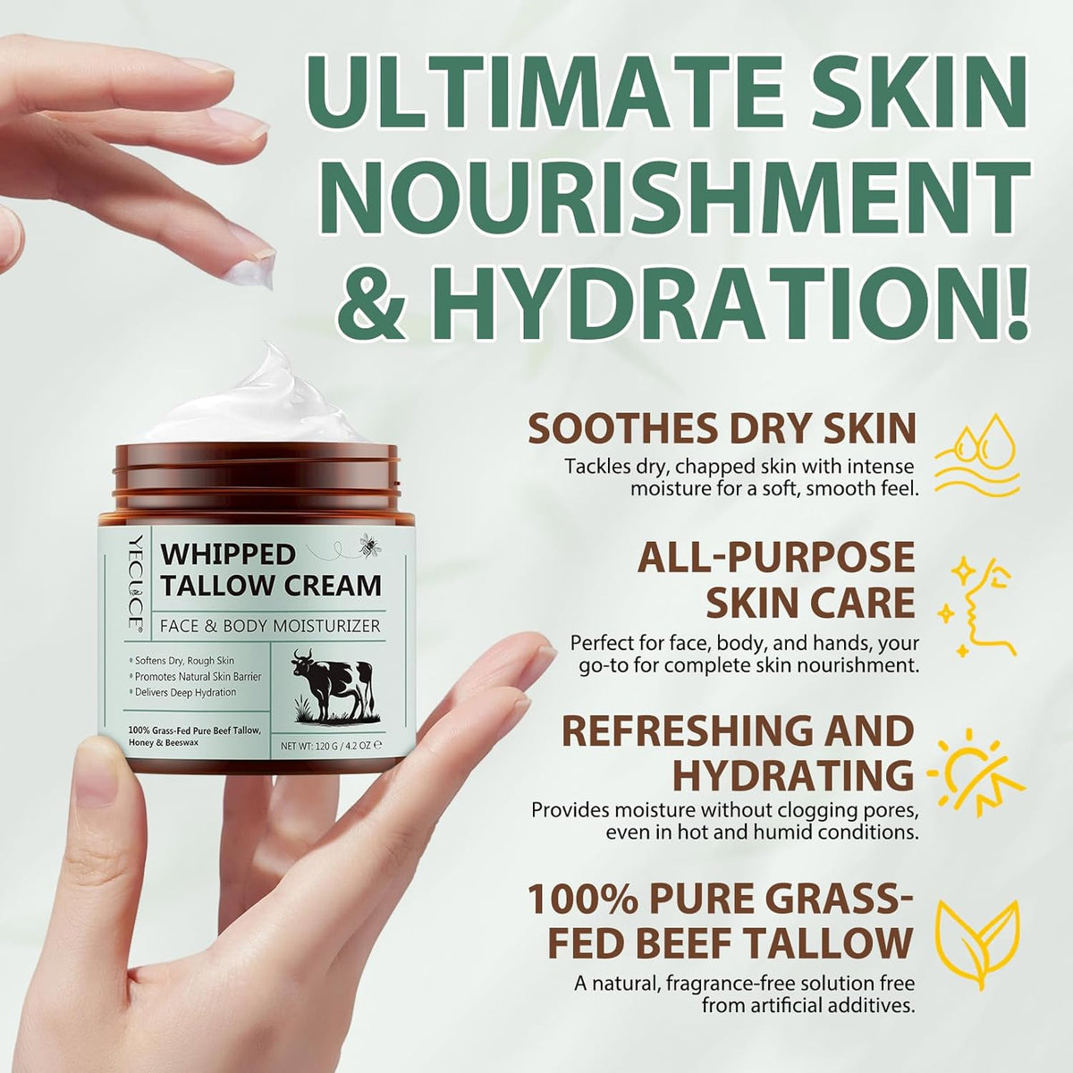 ReliCo Beef Tallow for Skin Moisturizer - Organic Whipped Grass Fed Beef Tallow with Honey Cream for Body, Unscented, 1pcs