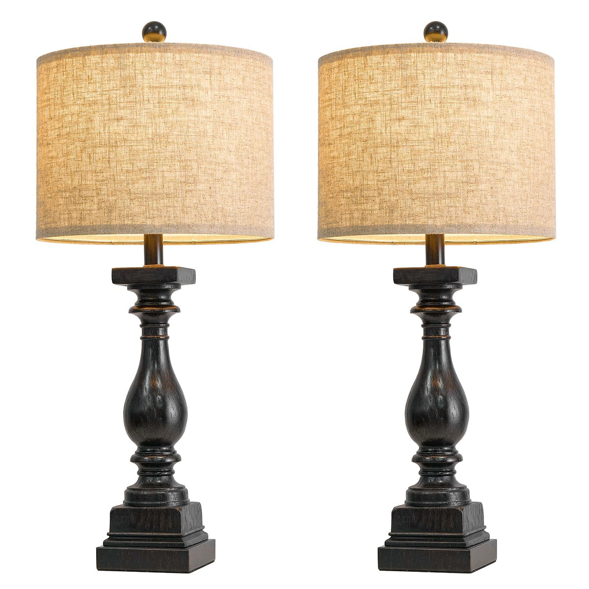 BOBOMOMO 27" Farmhouse Table Lamp Set of 2 with USB A+C for Bedroom Living Room Vintage Rustic Traditional Nightstand Bedside Lamps Retro Side Table Lamps (Black)