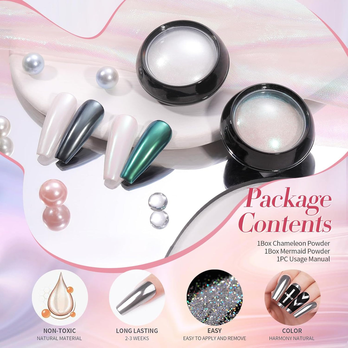 BORN PRETTY White Pearl Chrome Nail Powder And Chameleon Aurora Nail Powder Pigment Mermaid Pigment Pearl Glitter Dust Kit,Nail Art Decoration 2Boxes