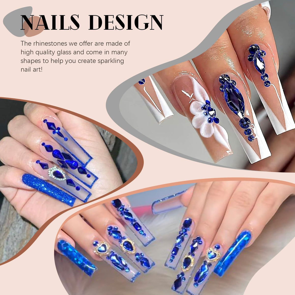 2750Pcs Royal Blue Glass Rhinestones 240Pcs Multi Shapes Flatback Gems + 2510Pcs 1.5-4mm Round Crystal, Manicure Charms Diamond Gemstones for Acrylic Nails Decoration