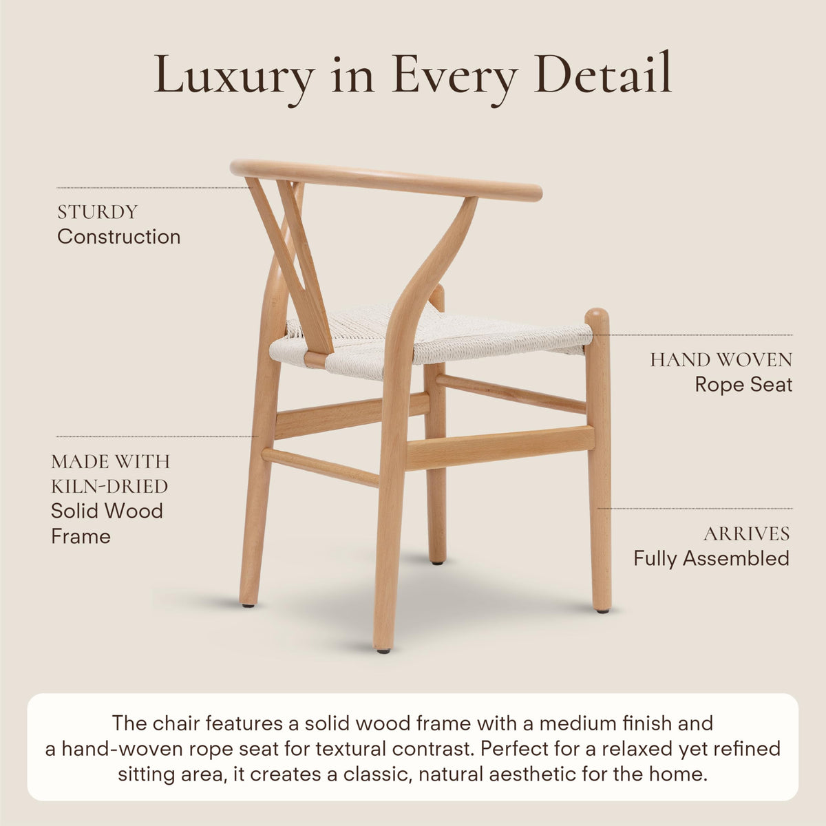 Poly and Bark Weave Modern Wooden Mid-Century Dining Chair, Hemp Seat, Natural (Set of 2)