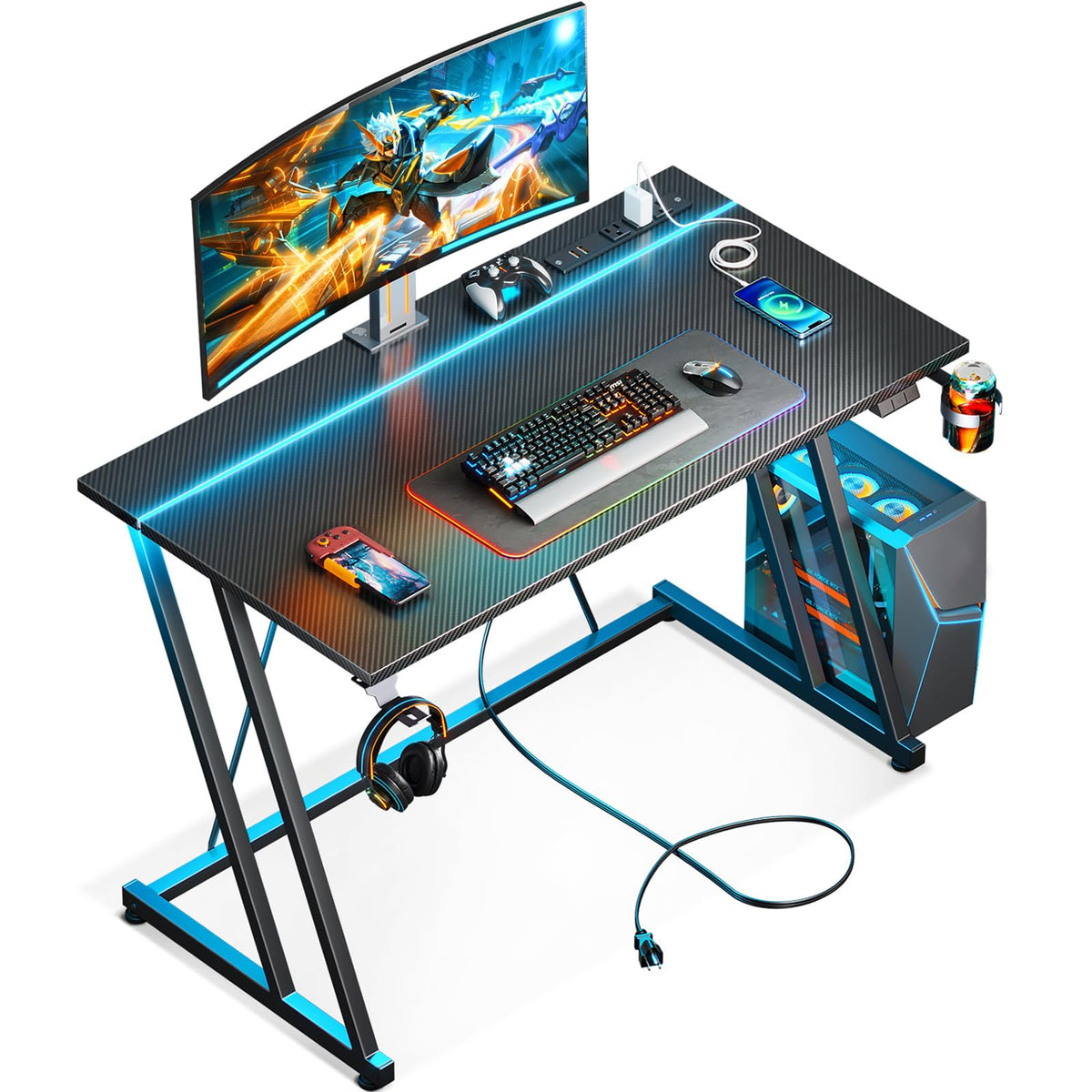 MOTPK 39 Inch Small Gaming Desk with LED Lights & Power Outlet, Computer Desk for Small Space, Gaming Table with Carbon Fiber Texture, Kids Desk Gift for Boys Men, Black