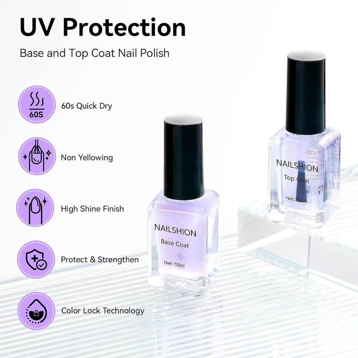 Anti-UV Base Top Coat, 2PCS Calcium & VE Base Strengthening High Shine Top Coat Clear Nail Polish, Chip Resistant Quick Air Dry Protects Color & Nails Prevents Discoloration Manicure Gift