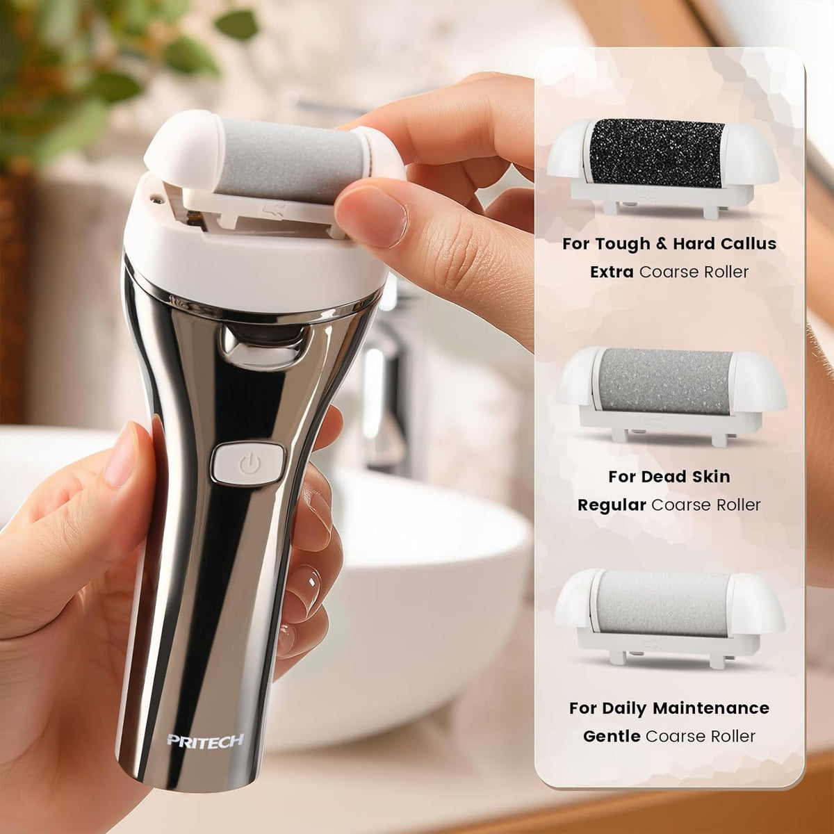 Electric Foot Callus Remover, Rechargeable Portable Electronic Foot File Pedicure Kits, 3 Roller Heads, 3 Speed, Battery Display for Remove Cracked Heels Calluses and Dead Skin（BCM-1852）