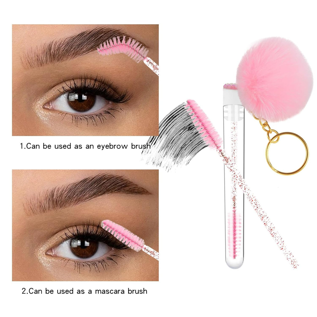48 Pieces Disposable Mascara Wands Set,Include 24 pcs Disposable Crystal Lash Spoolies Brush and 24 Pieces Reusable Diamond keychain Empty Eyelash Brush Tubes for Women Girls Makeup Brush Kit