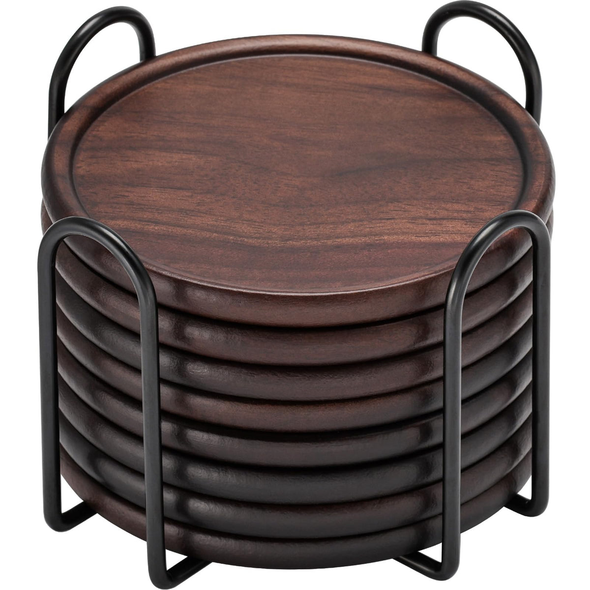 Wood Coasters with Metal Holder, GOH DODD Set of 8 Walnut Wooden Coaster Tabletop Protection for Drinks Coffee Table Home Kitchen Office Bar Living Room Decor Housewarming Gifts Wedding Party, 4 Inch