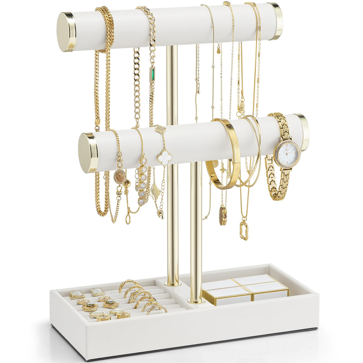 Vlando 2 Tier Bracelet Holder 0rganizer with Tray - Leather Jewelry Stand Organizer for Women - Jewelry Holder Display for Necklace, Watches, Rings, Earrings, Bangle, Scrunchie - White