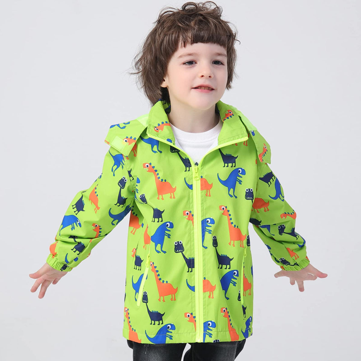 IjnUhb Waterproof Hooded Jacket for Boys Girls,Kids Raincoats Outdoor Windbreaker Dinosaur Rain Jacket (Green,4T)