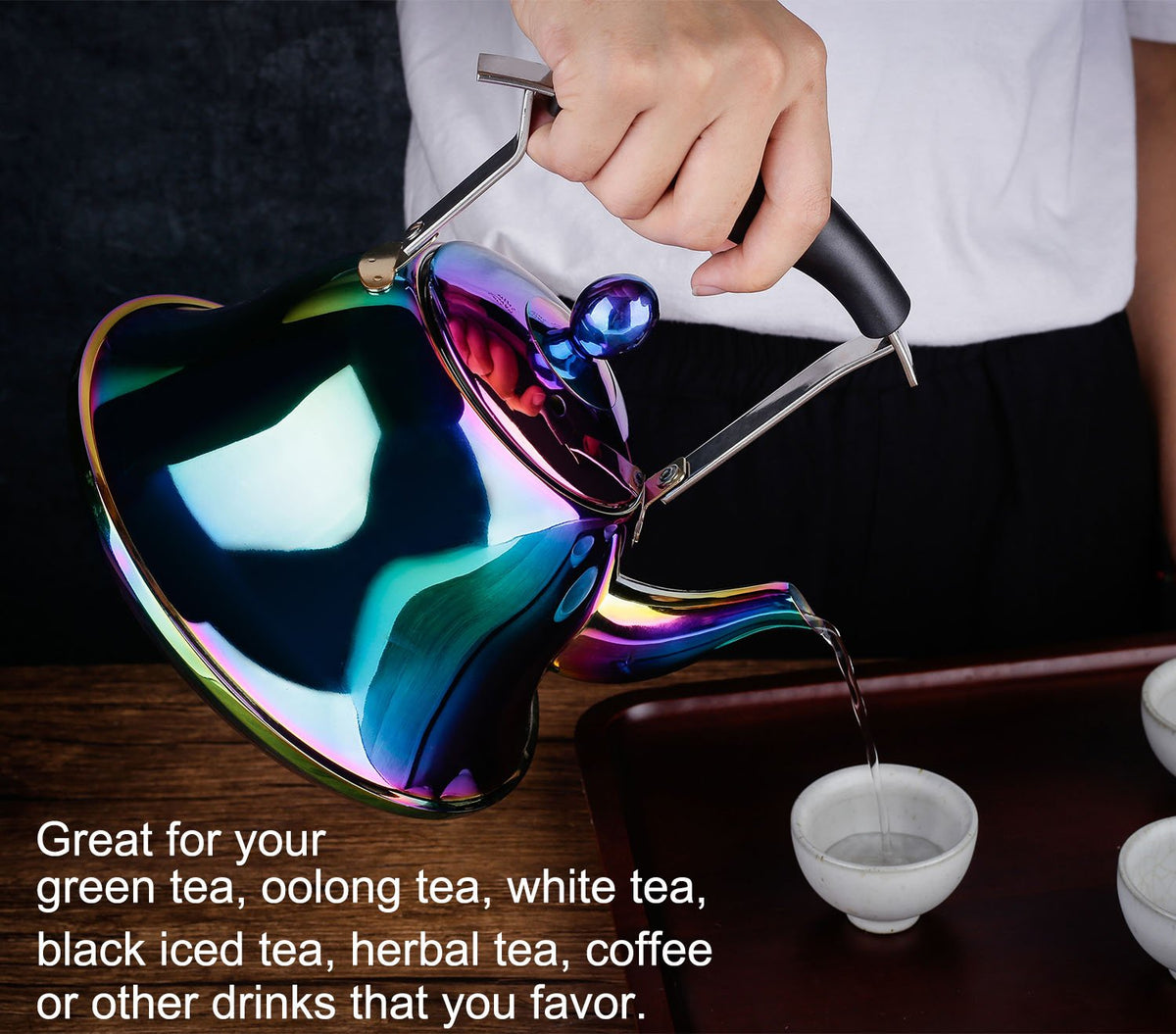 Onlycooker Whistling Tea Kettle Stainless Steel Stovetop Teakettle with Infuser Sturdy Teapot for Tea Coffee Fast Boiling Color Rainbow Mirror Finish 2 Liter / 2 Quart