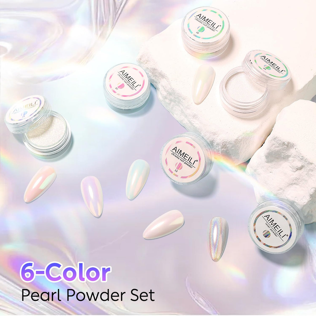 AIMEILI Pearl Chrome Nail Powder, Vegan, Cruelty Free, 6 Colors Aurora Metallic Holographic Mirror Effect Nail Art Pigment Iridescent Shell Glitter Nail Art