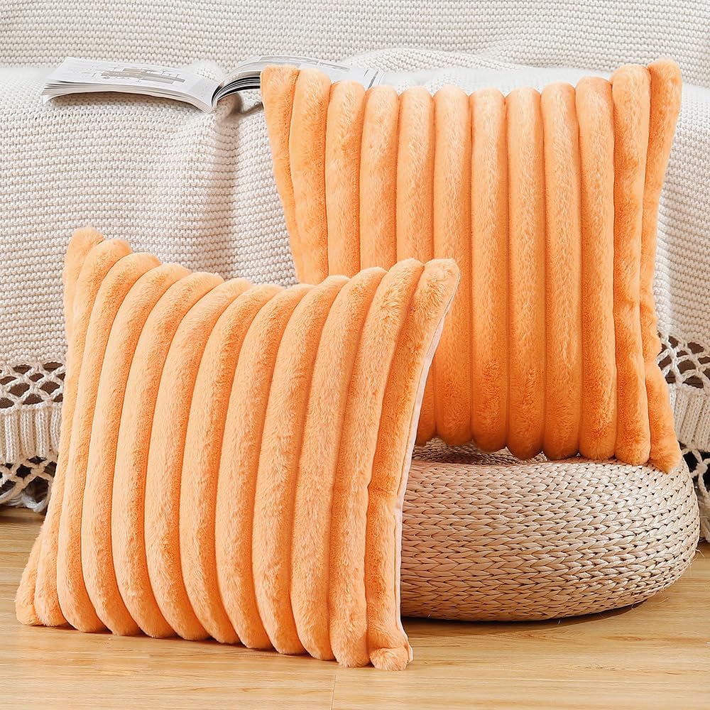MADIZZ Set of 2 Faux Wool Plush Decorative Throw Pillow Covers 16x16 Inch Orange Fluffy Striped Soft Decorative Cushion Cover for Sofa Bedroom Pillow Shell