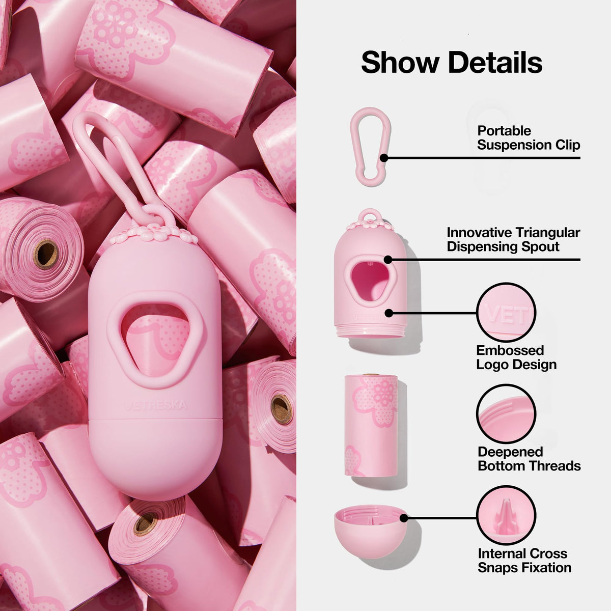 VETRESKA Dog Poop Bag Dispenser with Cherry Blossom Scented Poop Bags, Leak Proof and Extra Thick Pet Waste Bags, 1 Poop Bag Holder and 105 Bags for Dog Walking and Cats Litter, Pink