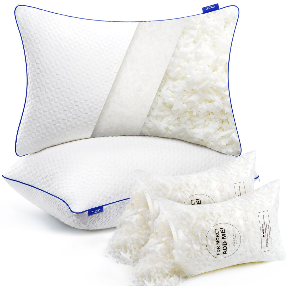viewstar Shredded Memory Foam Pillows Queen Size Set of 2, Adjustable Firm Pillows for Side Back Stomach Sleepers, Washable Removable Cover