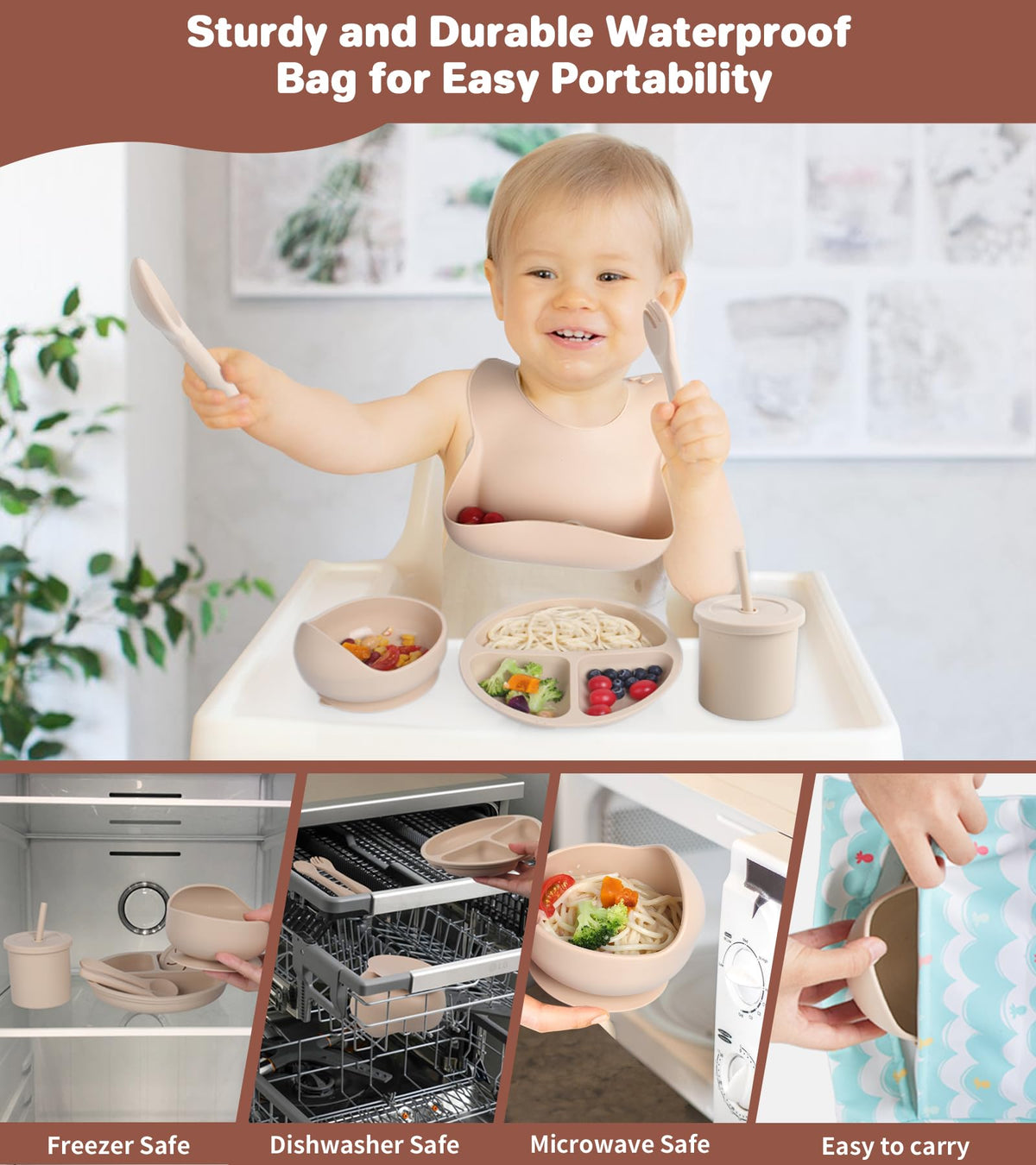 ECLIP Silicone Baby Feeding Set, 10 Pcs Baby Eating Essentials with Suction Bowl Divided Plate Adjustable Bib Soft Spoon Fork Snack Cup with Lid Drinking Cup, Utensil (Beige)