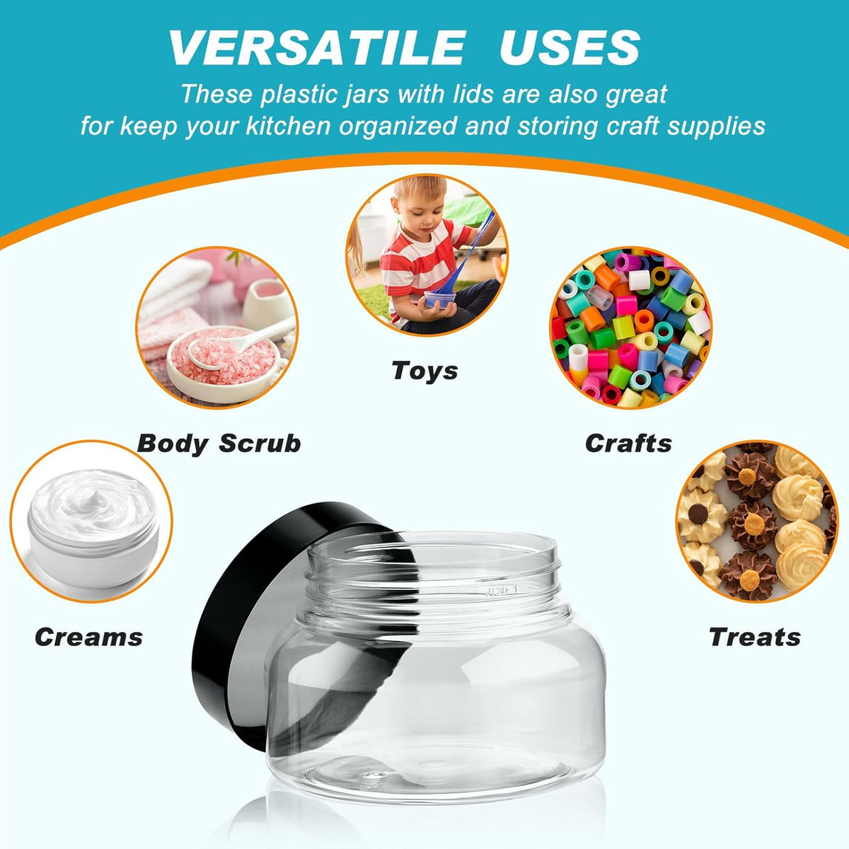 Tessco 24 Pack Plastic Jars with Lids Labels Empty Clear Plastic Jars Round Refillable Cosmetic Containers Body Butter Containers Bulk Sugar Scrub Bottle for Make Up(8 oz,Multicolor)