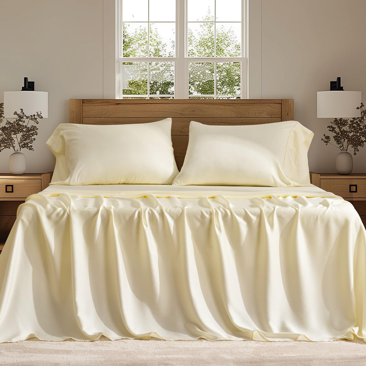 EVERGRACE Tencel Sheet Set Queen Size 4 Pieces，Soft Cooling Bed Sheets for Hot Sleepers, Eucalyptus Lyocell Luxury Breathable Bedding Set, 1 Fitted Sheet, 1 Flat Sheet, 2 Shams, Cream