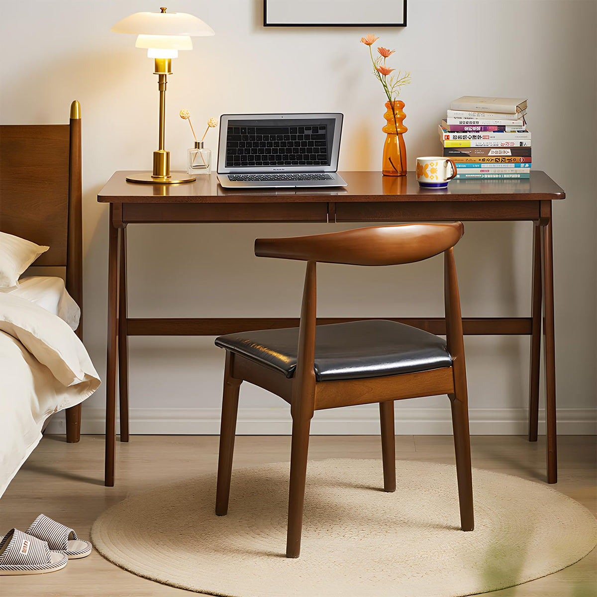 Cttasty Computer Desk with Drawers, Solid Wood Writing Desk, Mid Century Modern Home Office Desks, Oak Study Table, Small Desk for Bedroom, 29.1 H x 39.4 W x 21.7 D Inches, Walnut