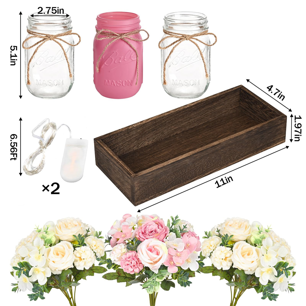 BLEUM CADE Centerpiece Table Decorations - 3Pcs Roses Artificial Flowers in Mason Jars with Wood Tray for Dining Table Coffee Table Farmhouse Home Decor