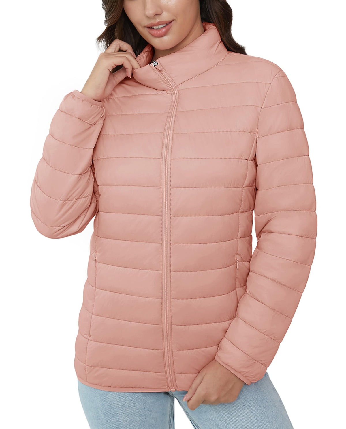 MAGCOMSEN Women's Puffer Jacket Ultra-light Quilted Zip-up Padded Winter Warm Outwear with 4 Pockets, Apricot L