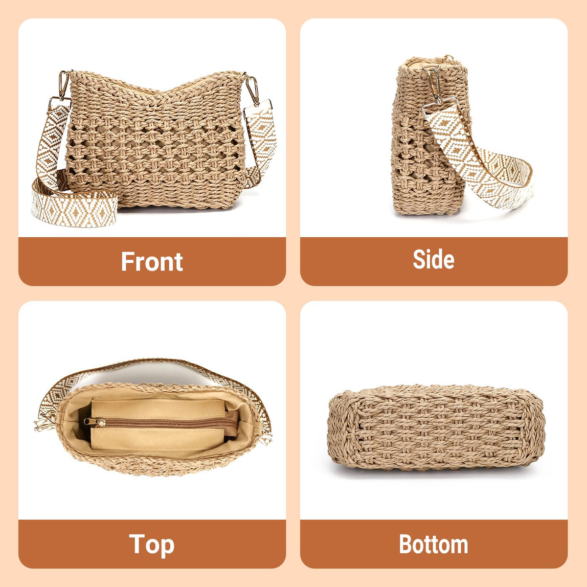 Herald Small Handmade Straw Pocketbook Crossbody Bag for Women, Summer Chic Woven Handbag Shoulder Purse with Chain (Hollow Out Coffee)