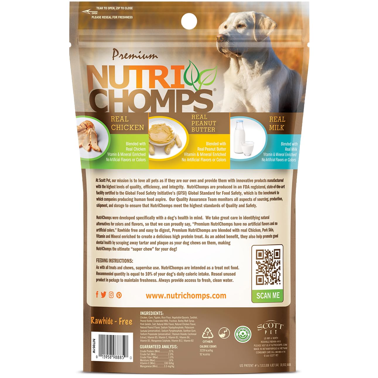 Nutri Chomps Dog Chews, 5-inch Twists, Easy to Digest, Rawhide-Free Dog Treats, 15 Count, Real Chicken, Peanut Butter and Milk flavors