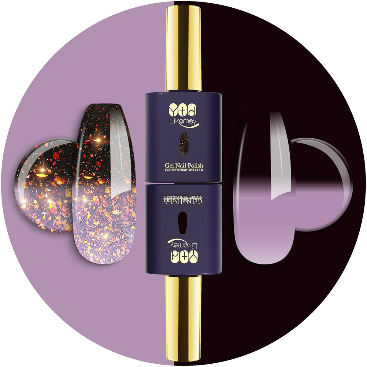 YTD Likomey Color Changing Gel Nail Polish 2 Pcs Set,15ml Grayish Purple to Black Pure Color and Brocade Glitter Kit,Fall Winter Thermal Ombre Change Colors Manicure UV Varnish,2 Pcs 15ml,WB2-05