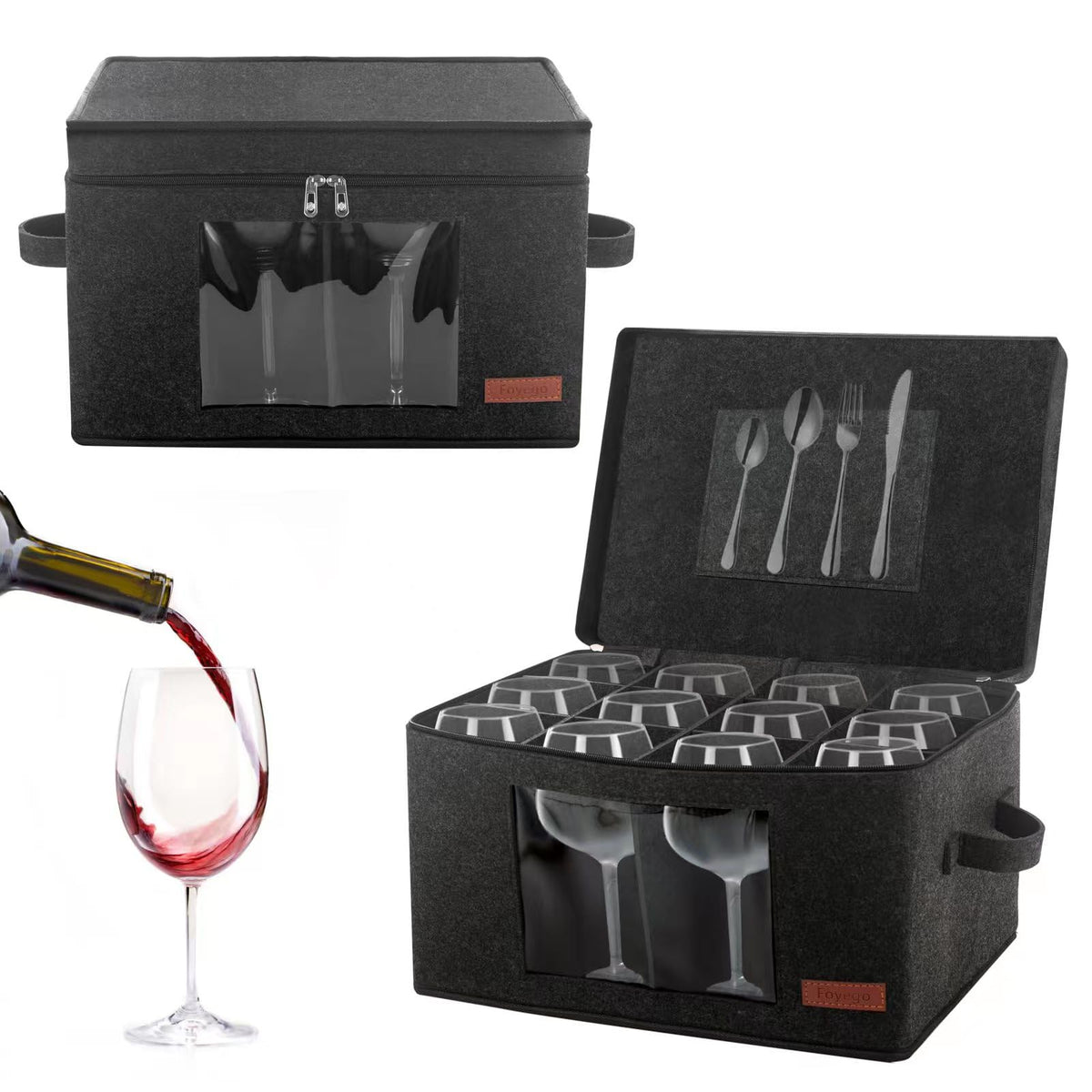 Foyego 2 Pack Wine Glass Storage Box with Dividers, Stemware Storage Containers for Packing and Moving, China Storage Containers Box for 12 Crystal Glassware, Wine Glasses, Drinkware,Dark Gray