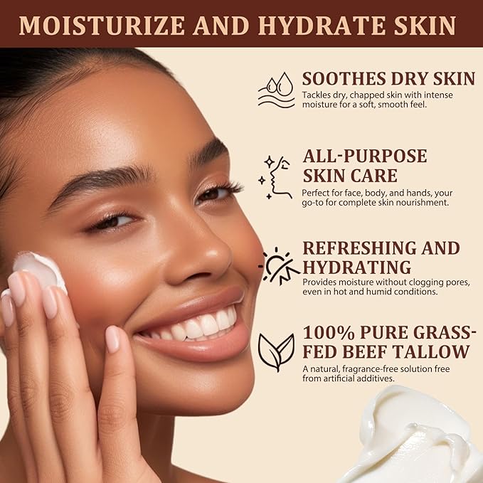 Organic Beef Tallow for Skin, Tallow and Honey Balm (4.2 Oz), Tallow Face Moisturizer, Grass Fed Whipped Beef Tallow with Honey Beeswax - Deeply Hydrates and Moisturizes Face Body, Unscent, No Greasy