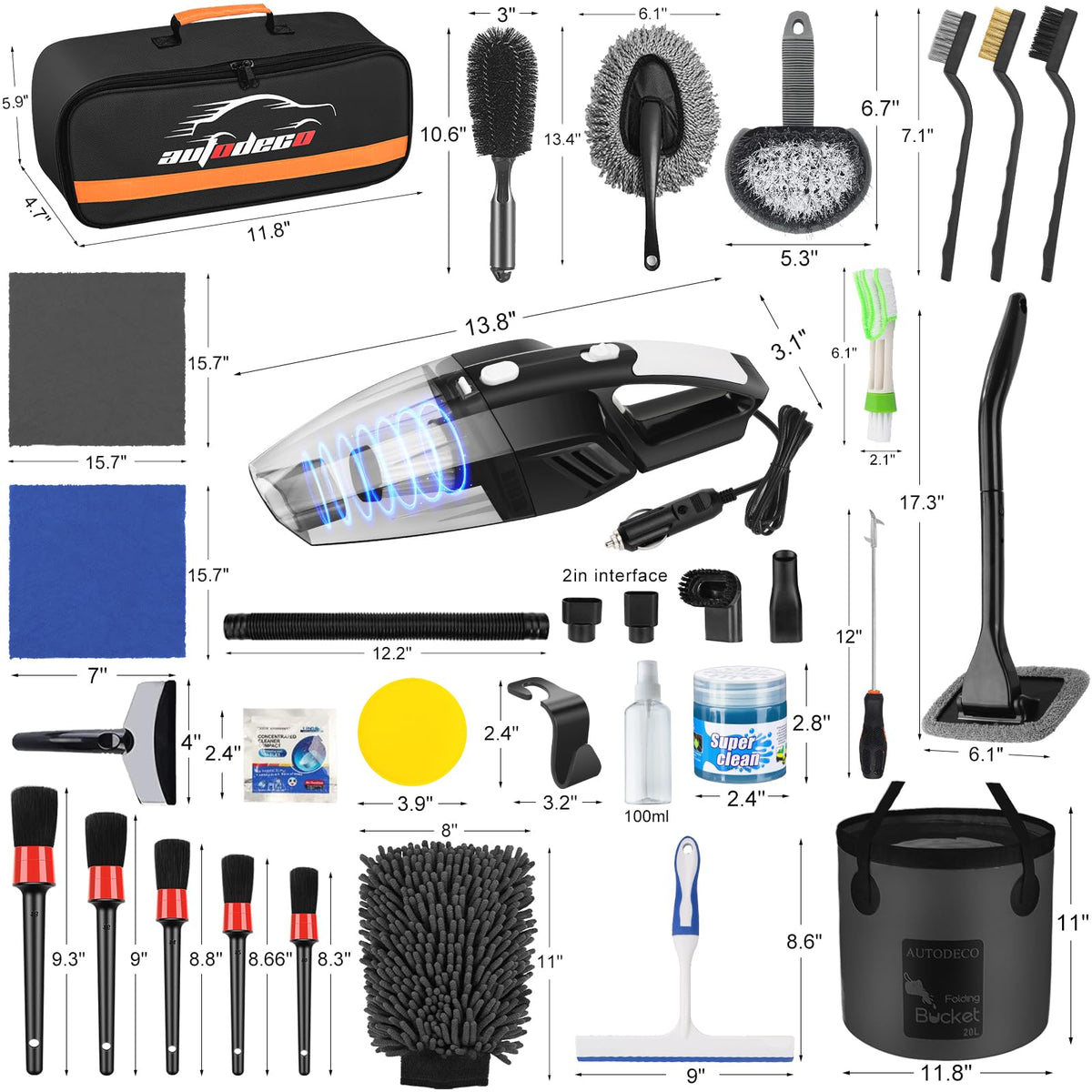 AUTODECO 41Pcs Car Cleaning Wash Kit Interior Detailing Cleaner Kit with High Power Handheld Vacuum, Collapsible Bucket, Windshield Tool, Snow Shovel, Tire Brush, Complete Car Care Tools, Black