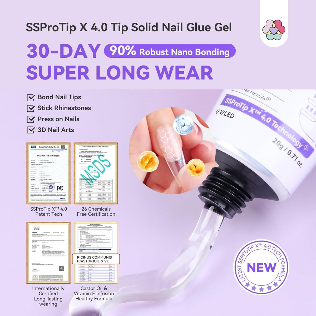 SAVILAND Pro Solid Nail Glue Gel & Remover Kit: 30 Days Long Lasting Gel Glues 20 g Strong Bond Gel Glues for Nails with 60 ml Quick Press On Nails Remover & Mini Nail Lamp for Press Ons