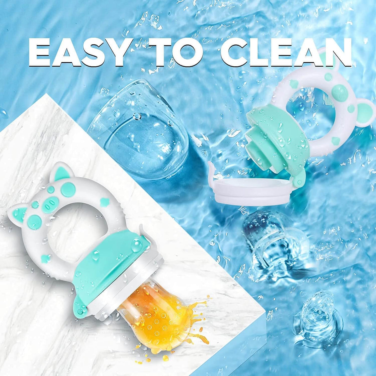 Baby Fruit Food Feeder Pacifier - Fresh Teething Pacifiers, Infant Fruit Teething Teether Toy for 3-24 Months, 6 Pcs Silicone Pouches for Toddlers & Kids & Babies, Piggy Handle 2-Pack (Blue & Gray)