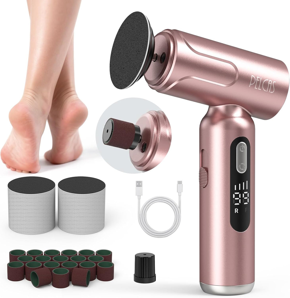PELCAS Electric Foot Callus Remover with LED Screen, 2 in 1 Manicure & Pedicure Kit, Upgraded Electric Foot File for Women & Men, Cordless Feet Filer for Foot Callus, Thick Nails, Finger Nails Pink