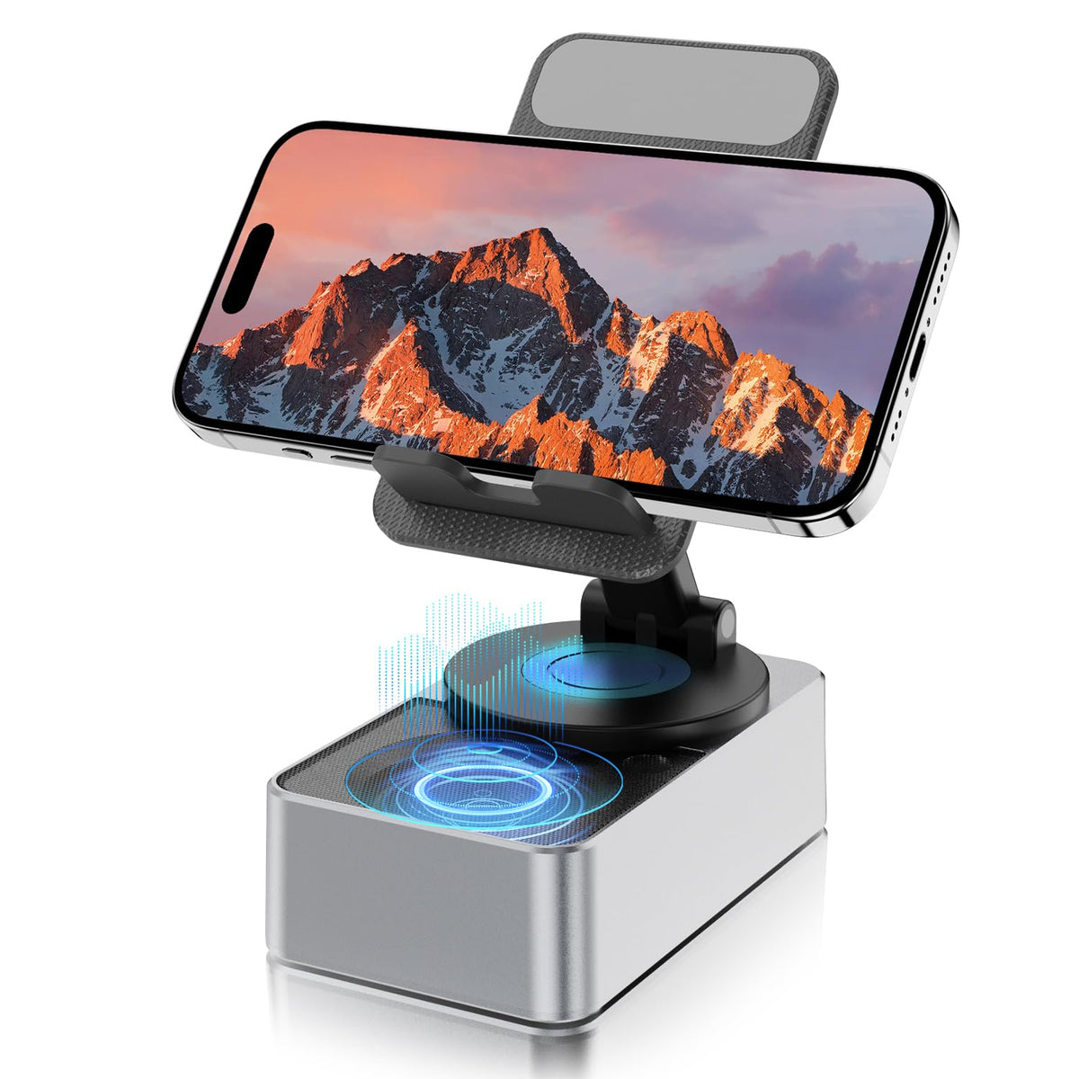 HCRTGAY Induction Speaker, Cell Phone Stand with Wireless Bluetooth Speaker, HD Surround Sound & Led Color Changing Light, Gifts for Men, Compatible with iPhone/Android (Gray-01)