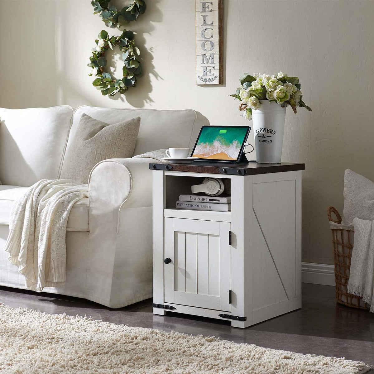 IFGET Farmhouse Nightstand with Charging Station, 20" Rustic End Table w/Barn Door, Wood Sofa Side Bedside Table w/Open Shlef & Stroage Cabinet for Bedroom (White)